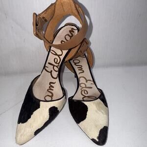 Sam Edelman Okala AnkleStrap d'Orsay Cowhide Fur‎ Equestrian Western Point Pumps